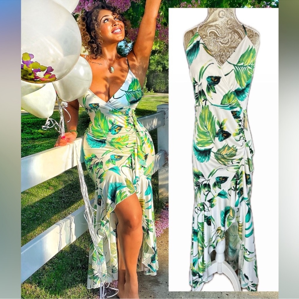 Hot Miami Styles Sexy Stretch Tropical Print Summer Maxi Women’s Dress Large